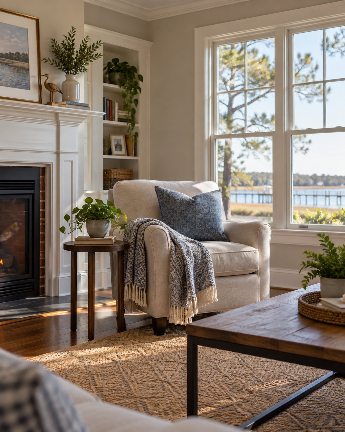 Comfortable chair and natural light in a modest living room