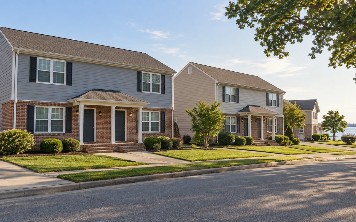 Modest duplex homes on a quiet residential street