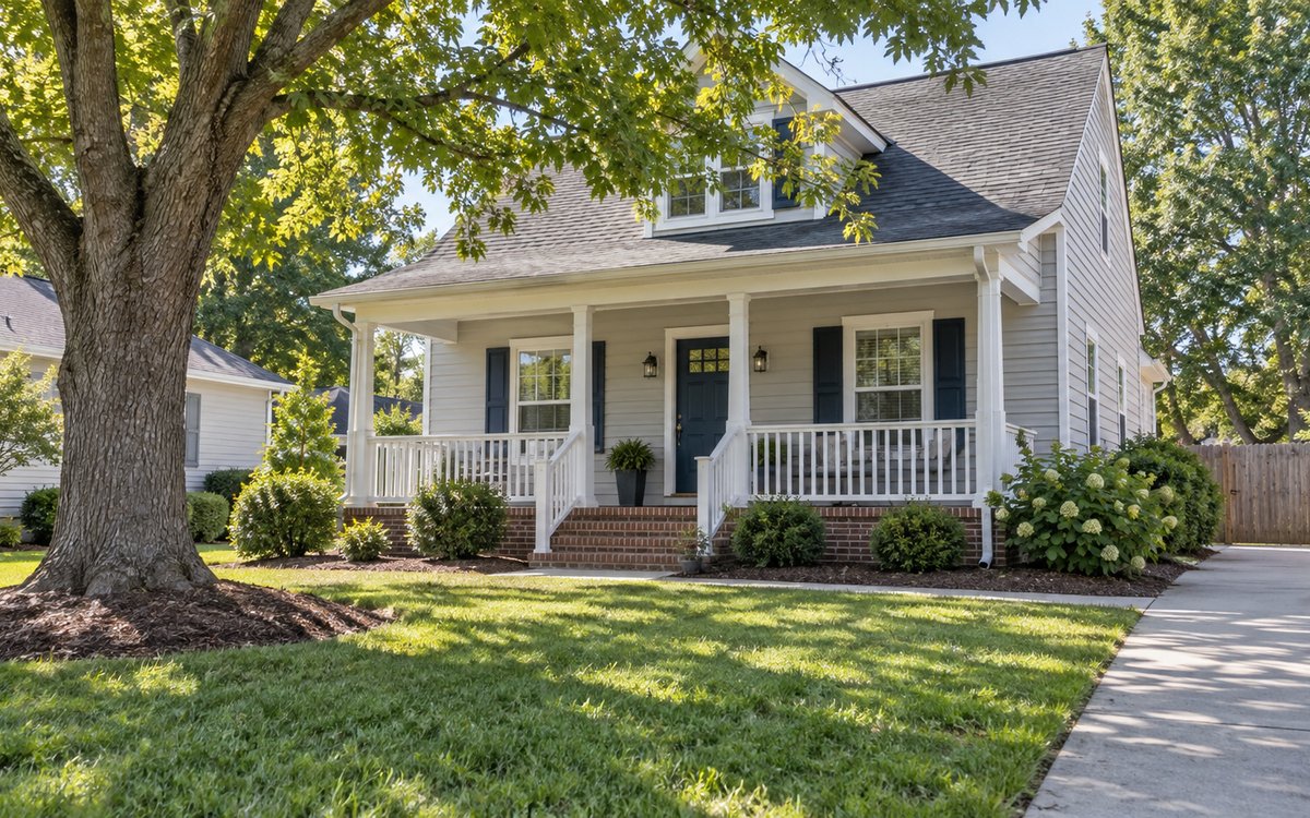 Modest detached rental home with a front porch and trees