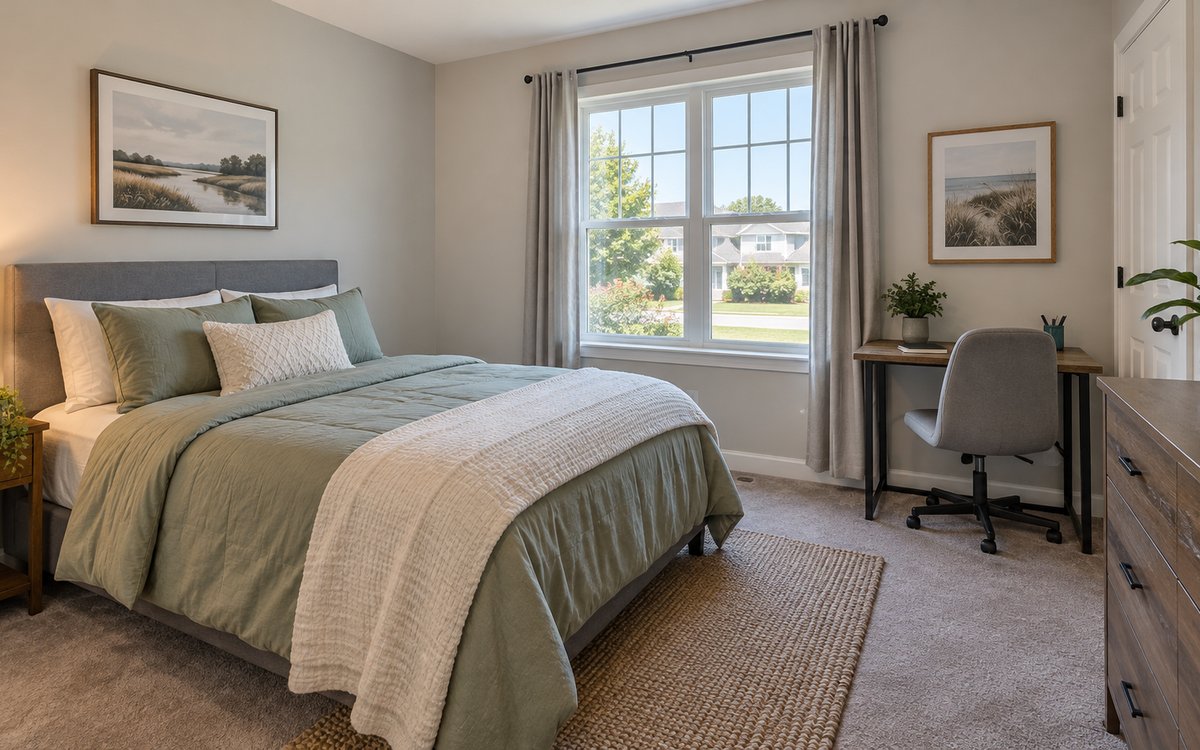 Private bedroom with bed, window and desk