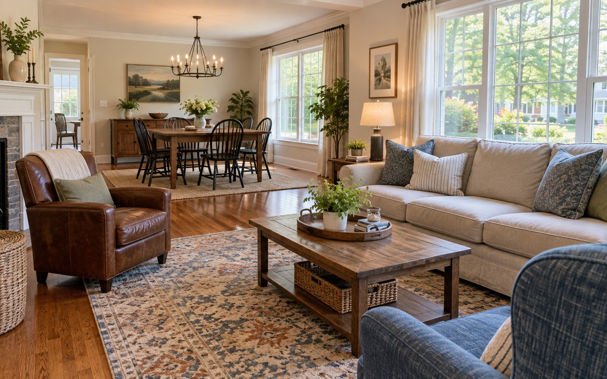 Bright shared living and dining area in a modest home