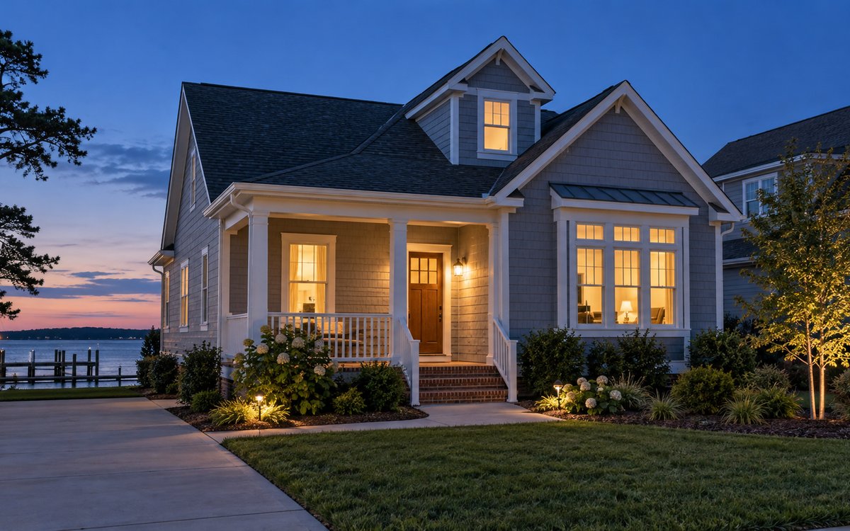 Modest residential house at dusk with warm window light