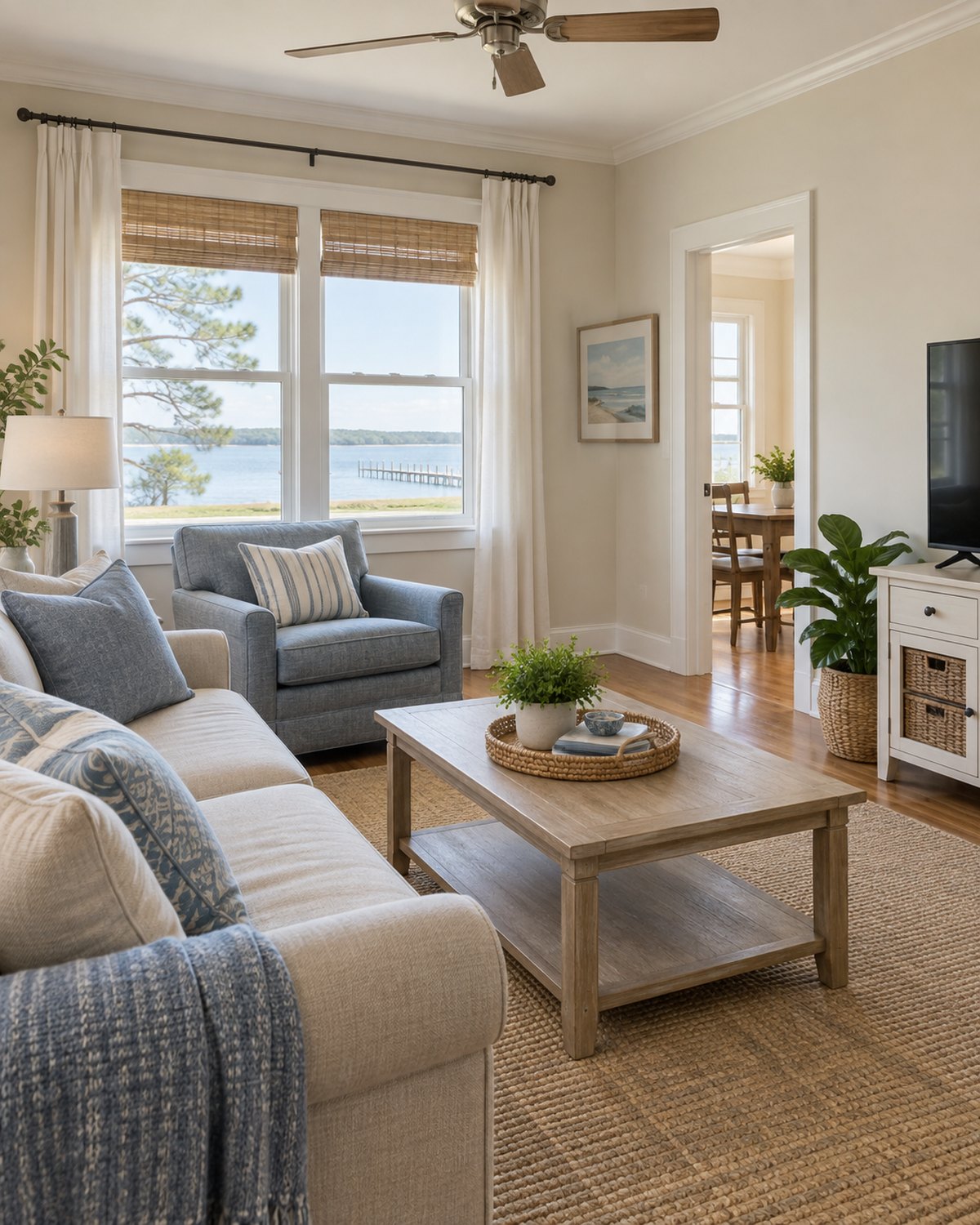 Bright modest living room with simple furnishings