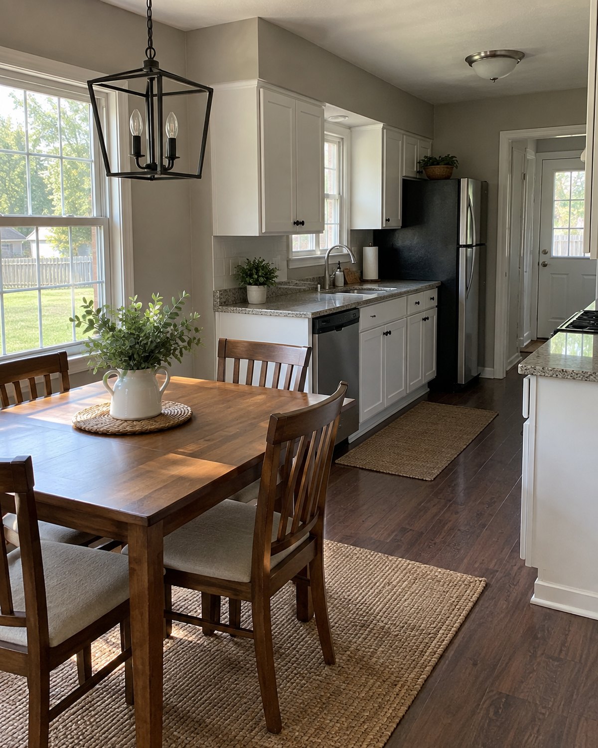 Clean kitchen and dining nook in a rental home