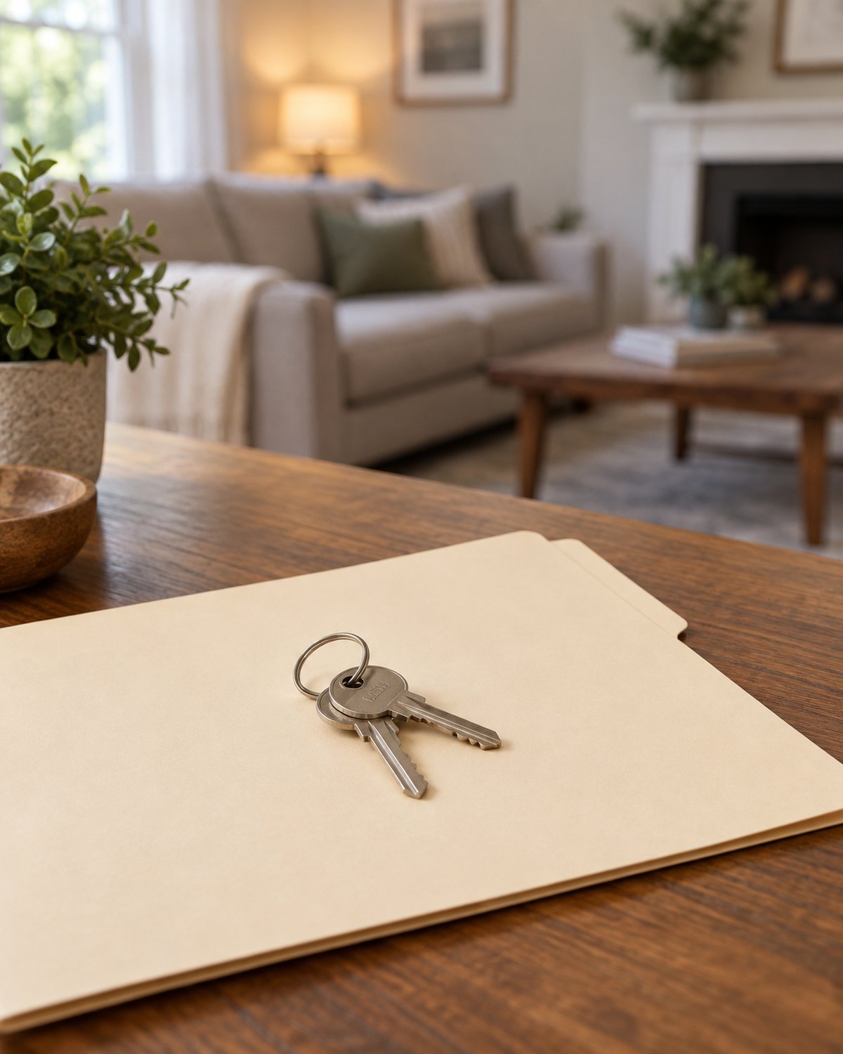 House keys on a blank folder with a living room behind