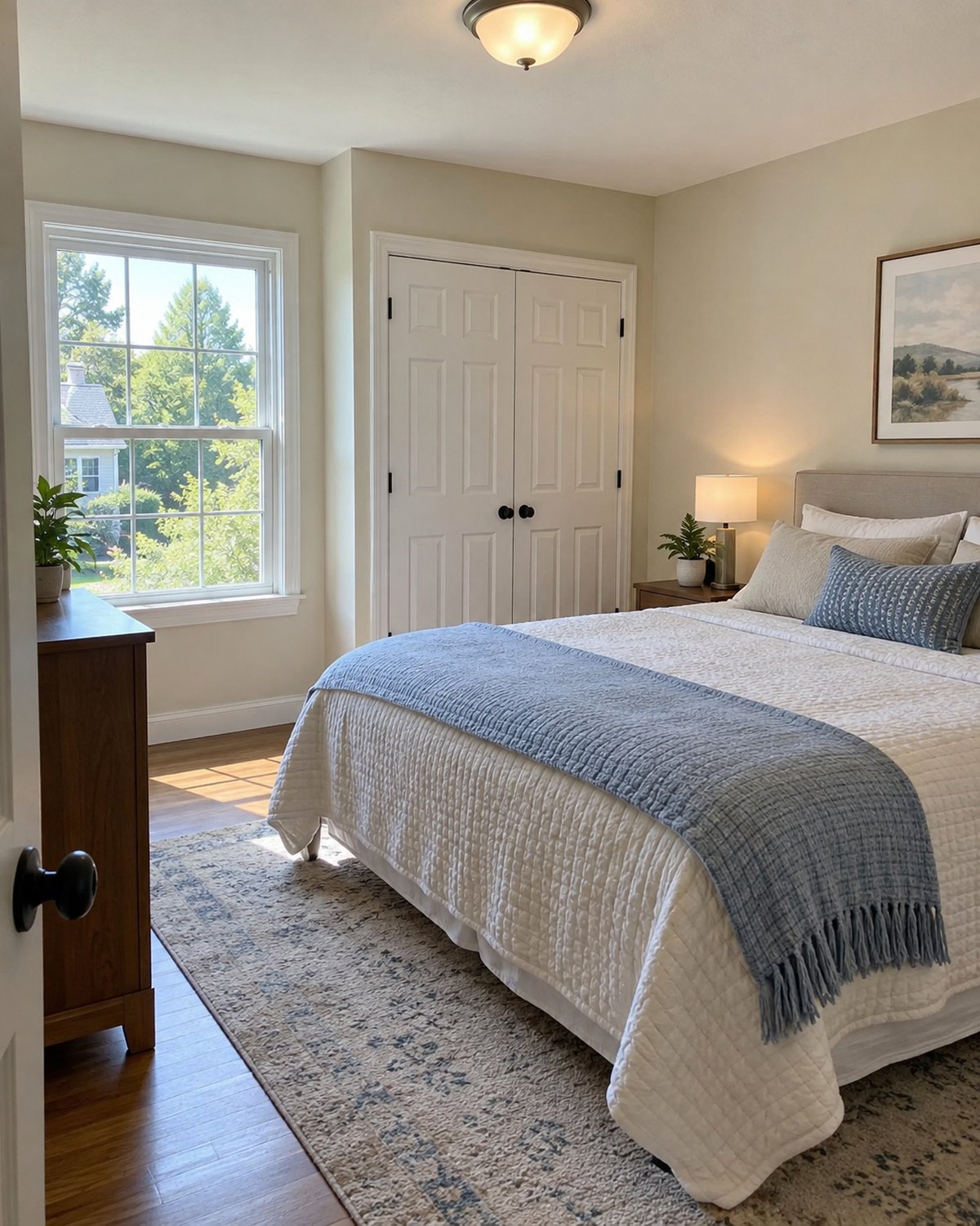 Bright private room with bed and closet