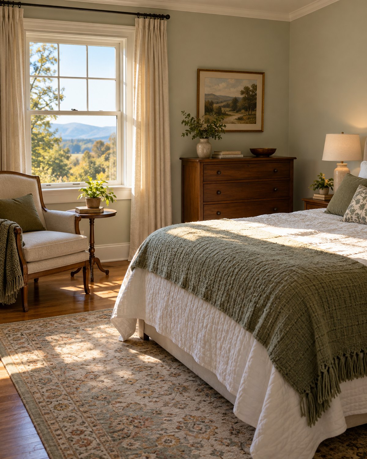 Quiet bedroom with bed, chair and morning light